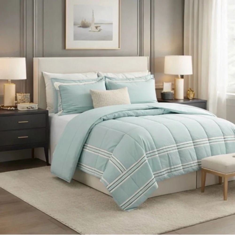 Reversible Color block w a seaside vibe, the Aiden comforter Set.